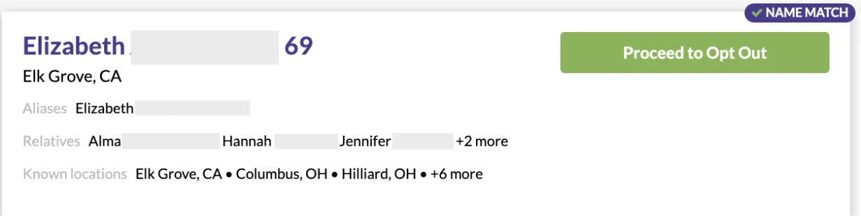 BeenVerified people search opt out results Screenshot of the results of BeenVerified’s people search showing a 69-year-old woman named Elizabeth’s personal info with a button to proceed with the opt out